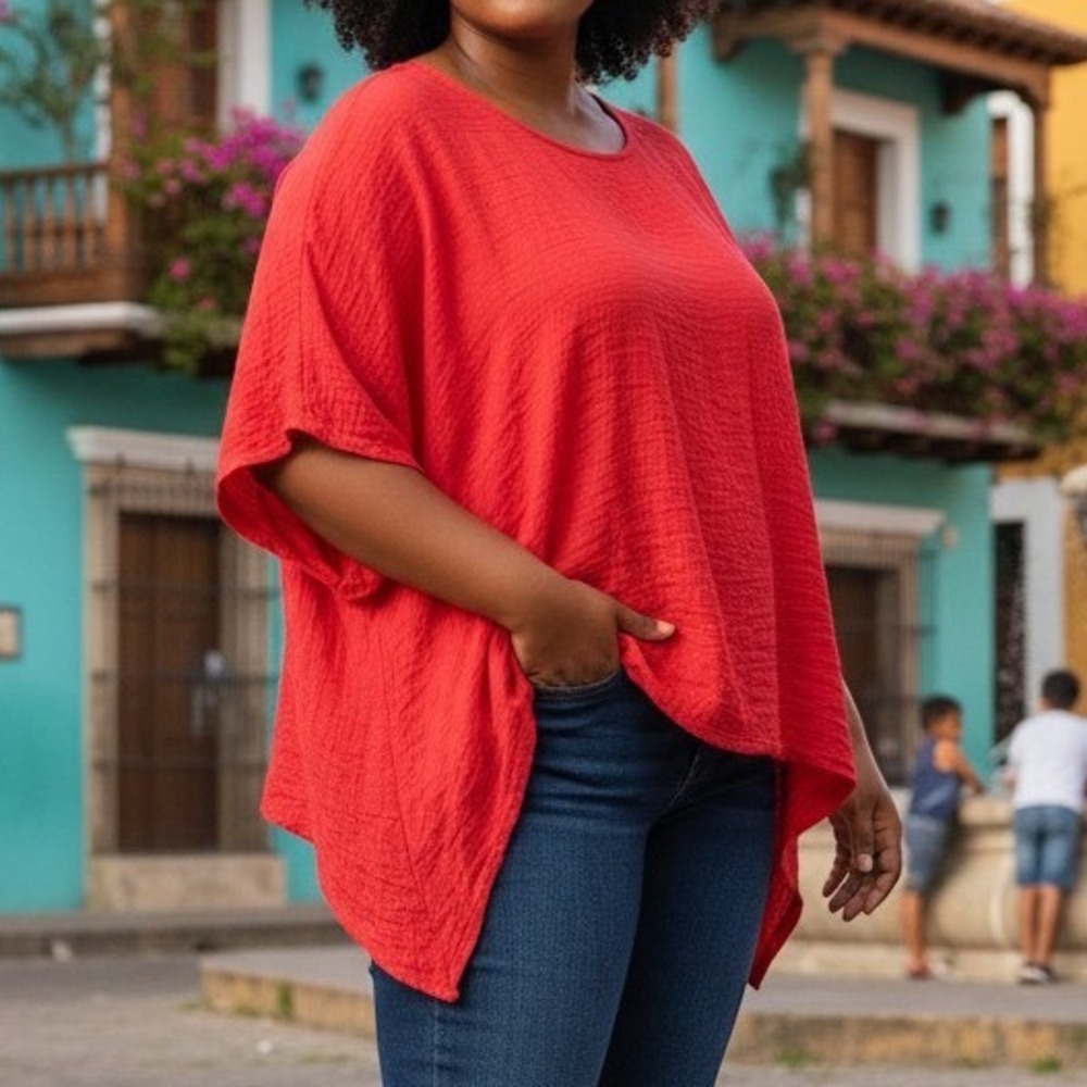 Phoebe Buffay Style Red Crinkle Top Womens 2XL Cellabie Asymmetric Boxy Blouse